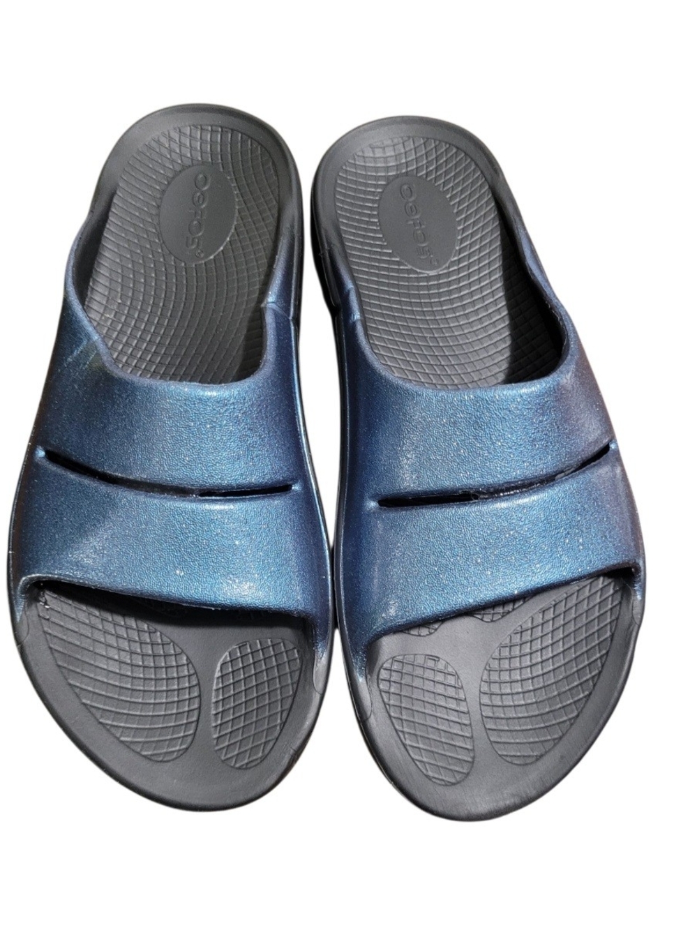 OOFOS Metallic Blue Slide Sandals